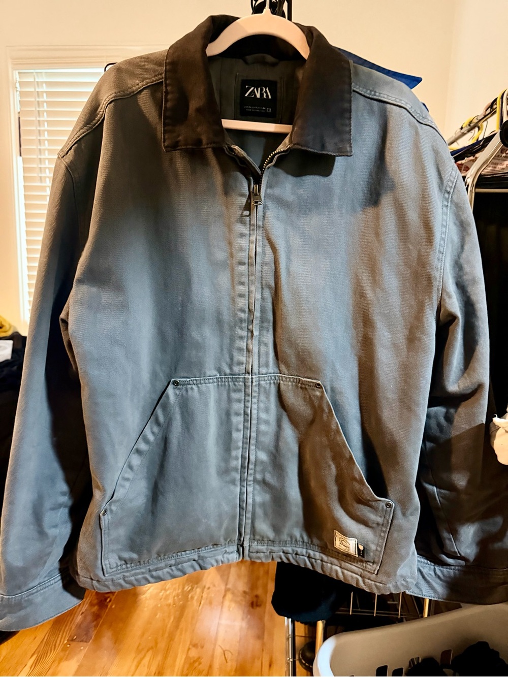 ZARA Men's Gray Work Jacket with Black Collar